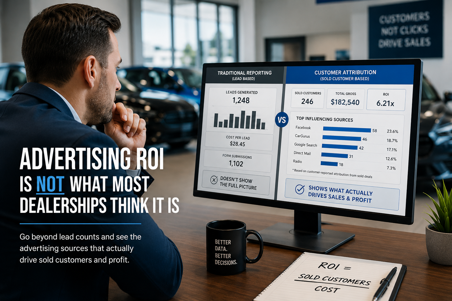 Dealership advertising ROI dashboard showing sold customer attribution and marketing performance