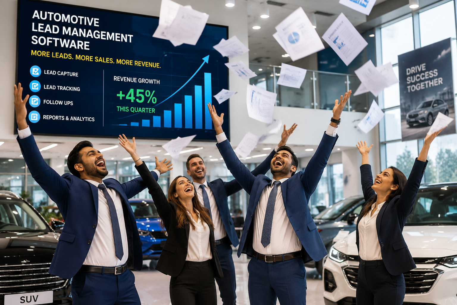 Automotive lead management software dashboard alongside a dealership revenue growth chart showing the attribution gap