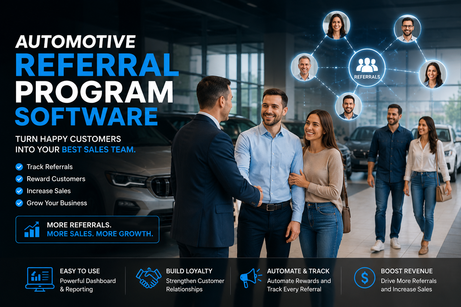 Automotive referral program software showing referral tracking and sold customer results