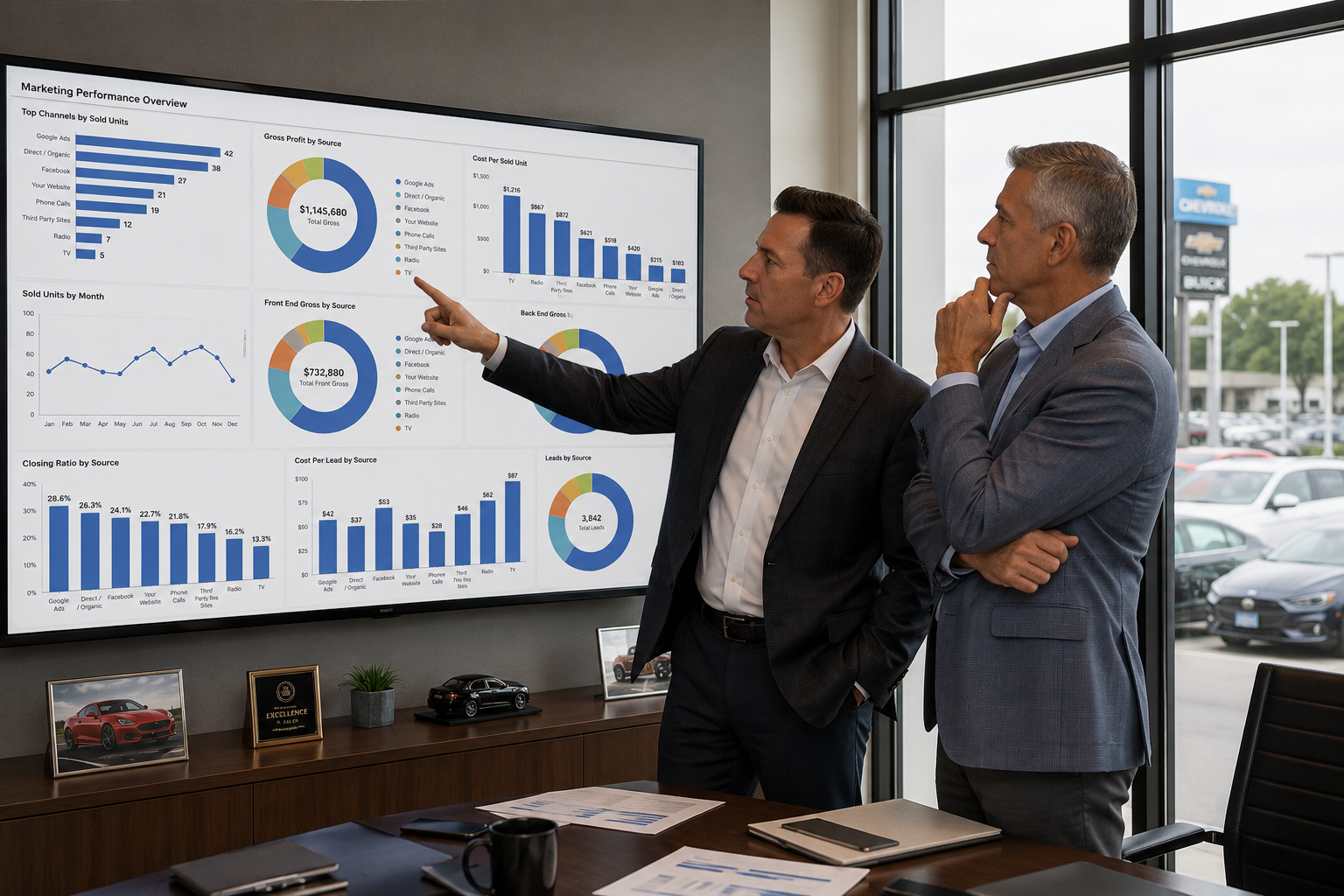 Dealer principal and general manager reviewing dealership marketing budget and attribution reports
