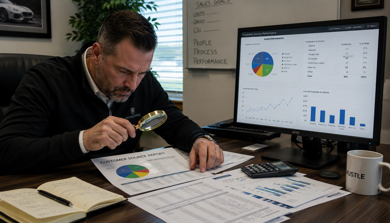 Dashboard comparing CRM lead source data, Google Analytics, and website analytics against an attribution system showing the true source of a customer