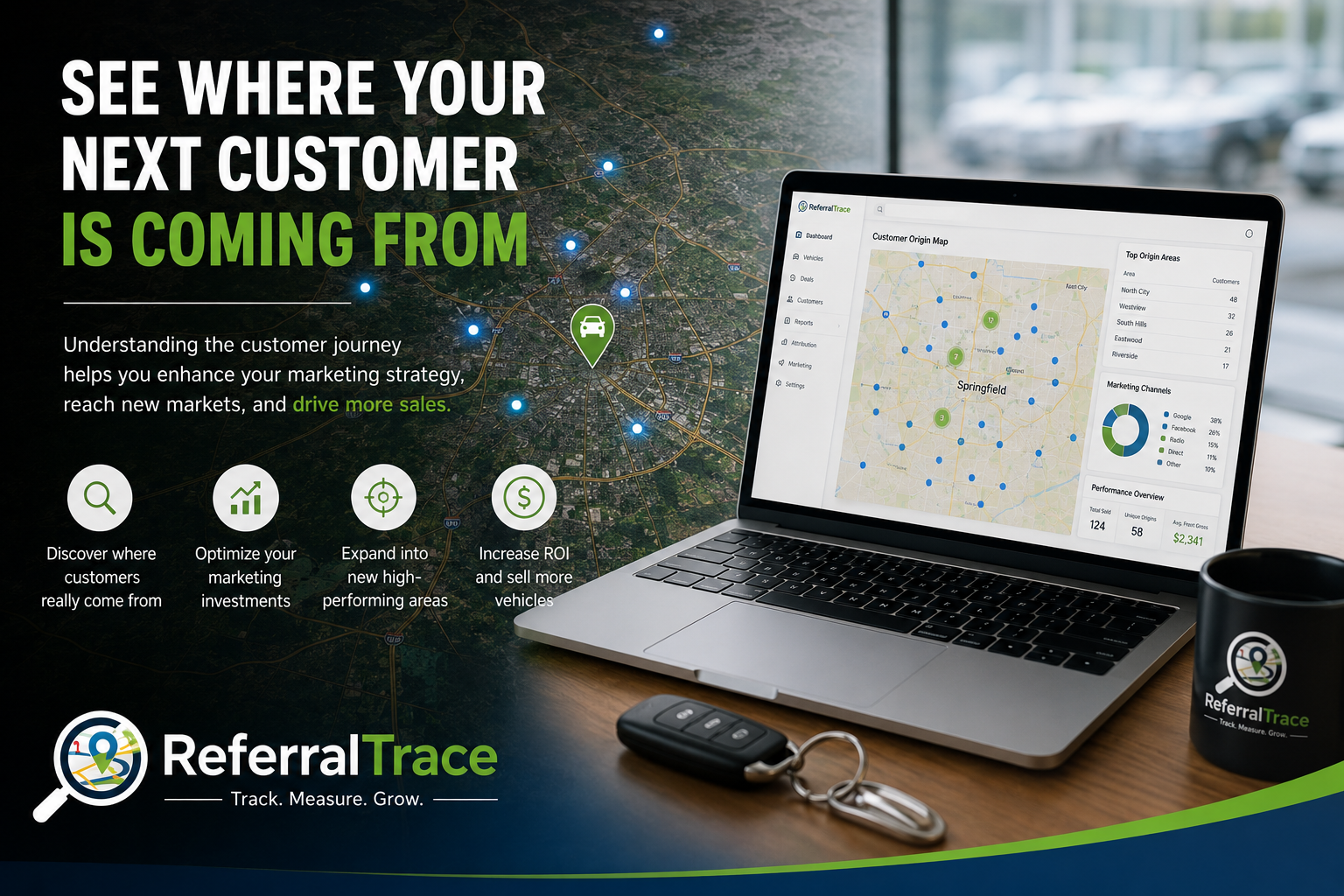 Dealership customer origin map showing customer dots around a city