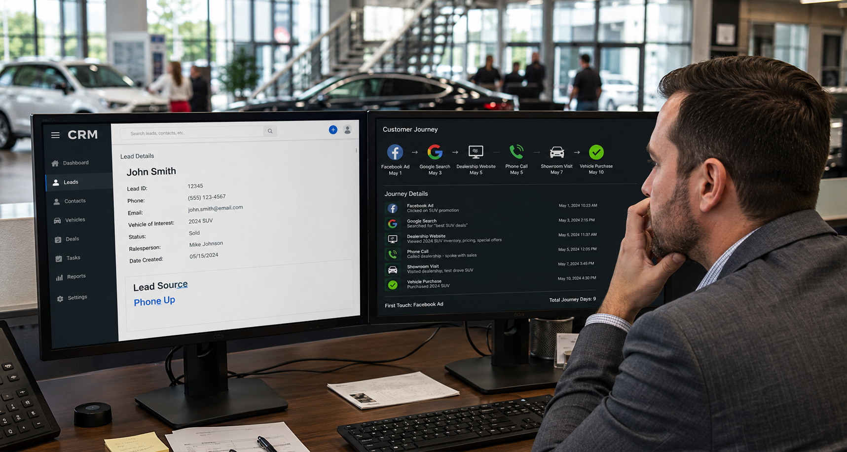 Dealership manager reviewing multiple lead source reports trying to determine where a customer came from
