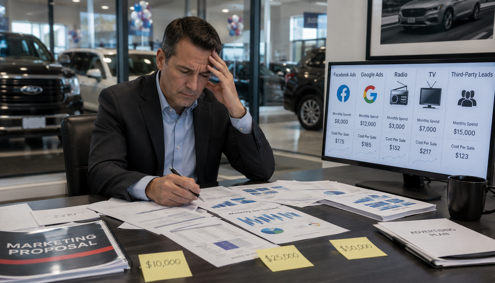 Dealership advertising budget allocation dashboard showing spend by vendor next to sold customer attribution data