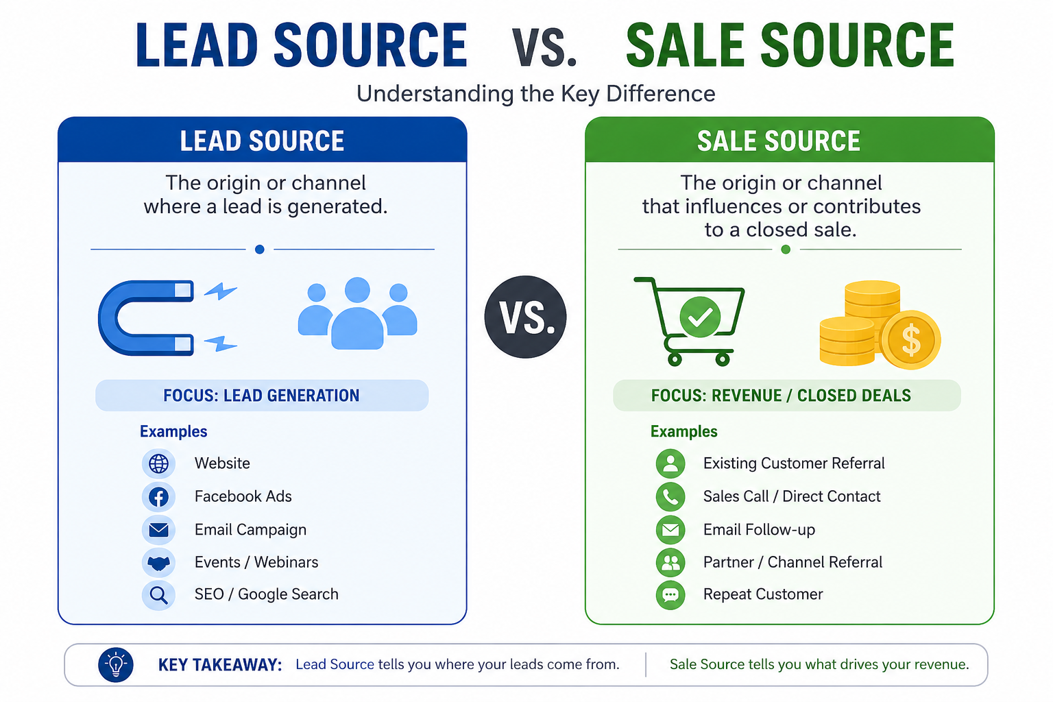 Split diagram showing a lead source path versus a sale source path at a dealership