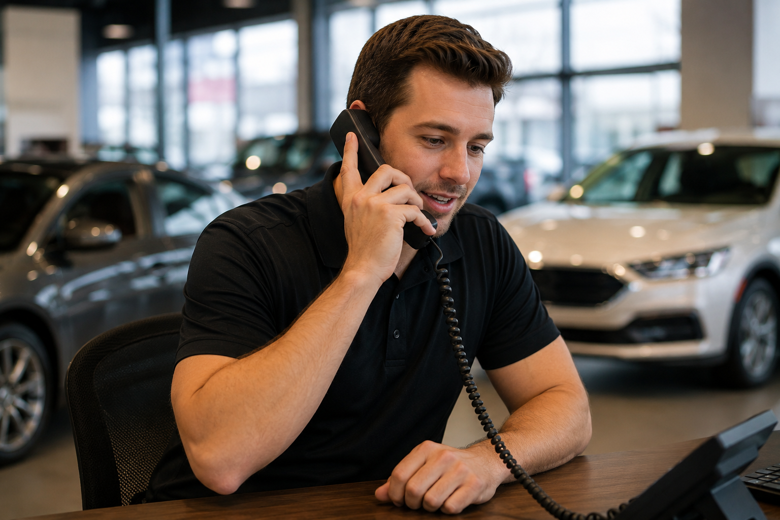 Dealership salesperson taking a phone up while marketing platforms influenced the customer journey