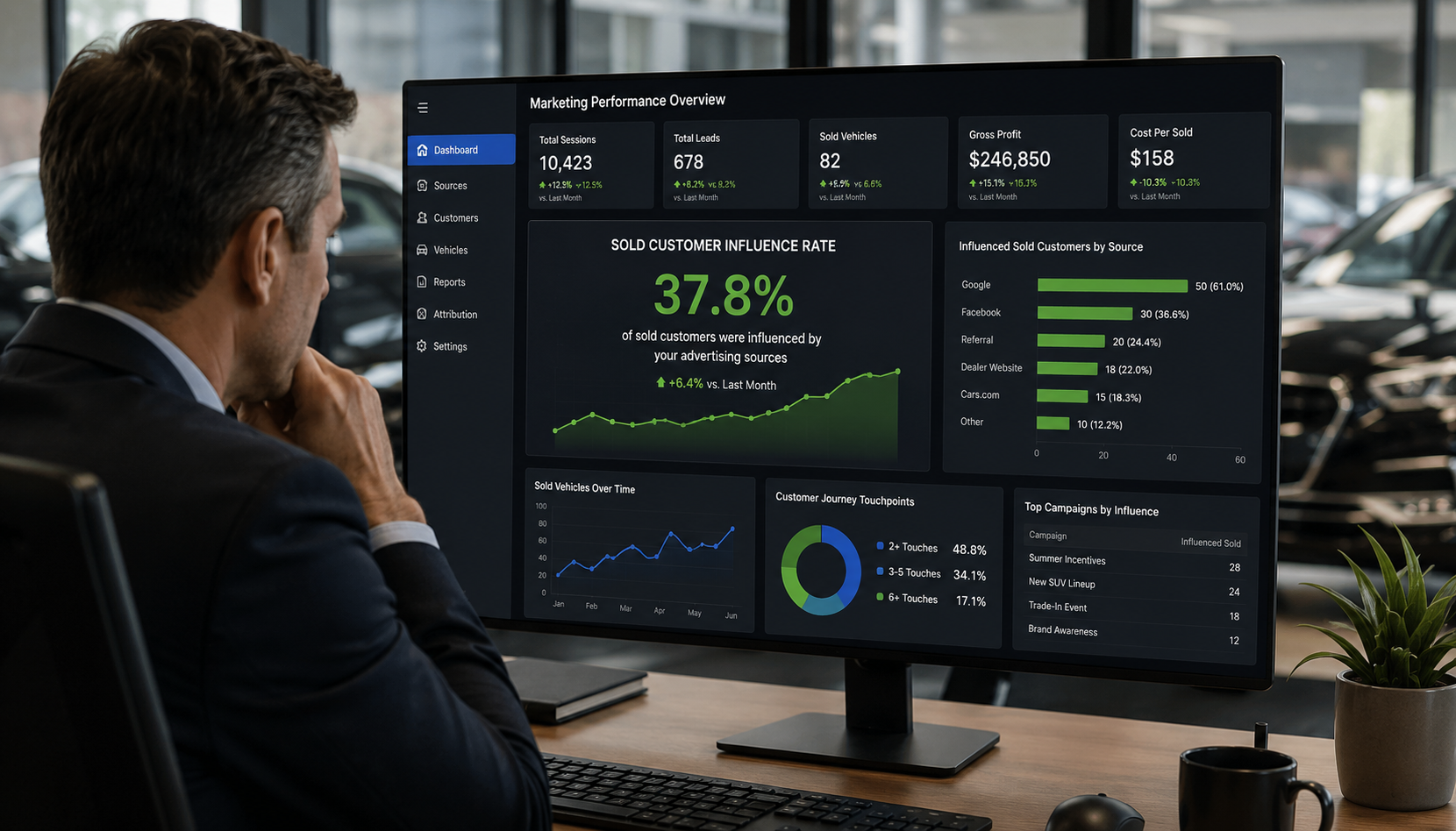 Dealership KPI dashboard showing sold customer influence and advertising attribution