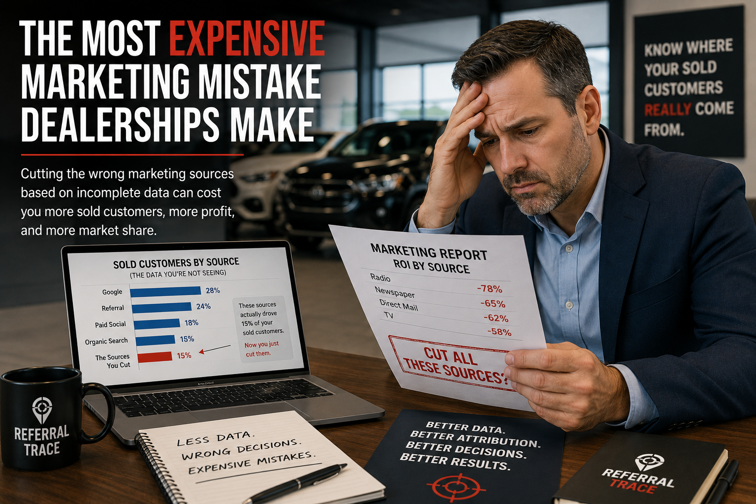 Dealership manager reviewing advertising budget and customer attribution report