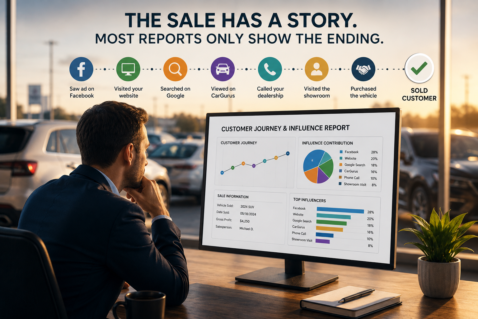 Dealership manager reviewing the full customer journey behind a sold vehicle