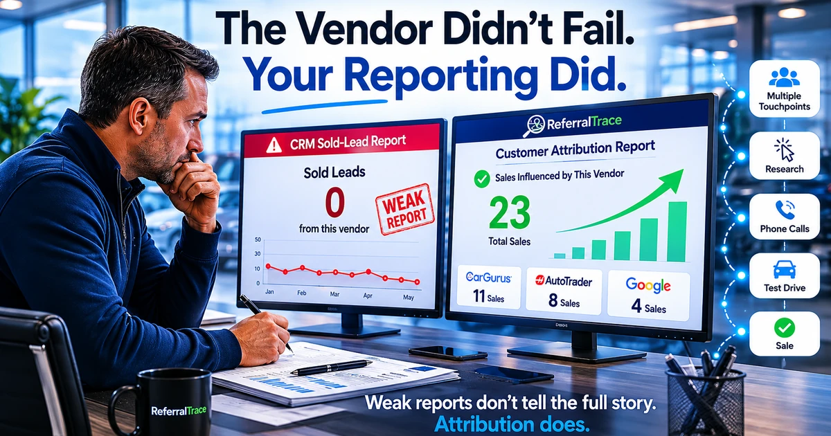 Dealership manager comparing CRM reporting with advertising attribution