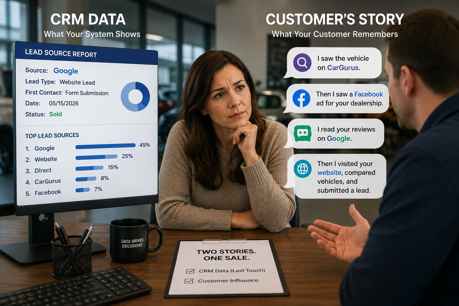 Dealership CRM report compared with customer advertising source story