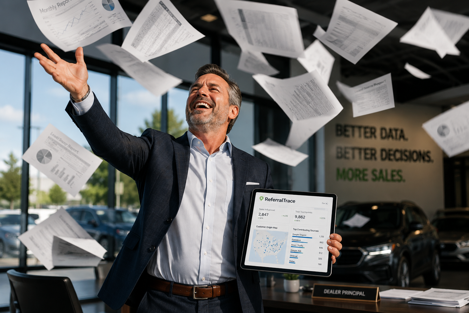 Dealership leader reviewing customer source attribution and marketing strategy data