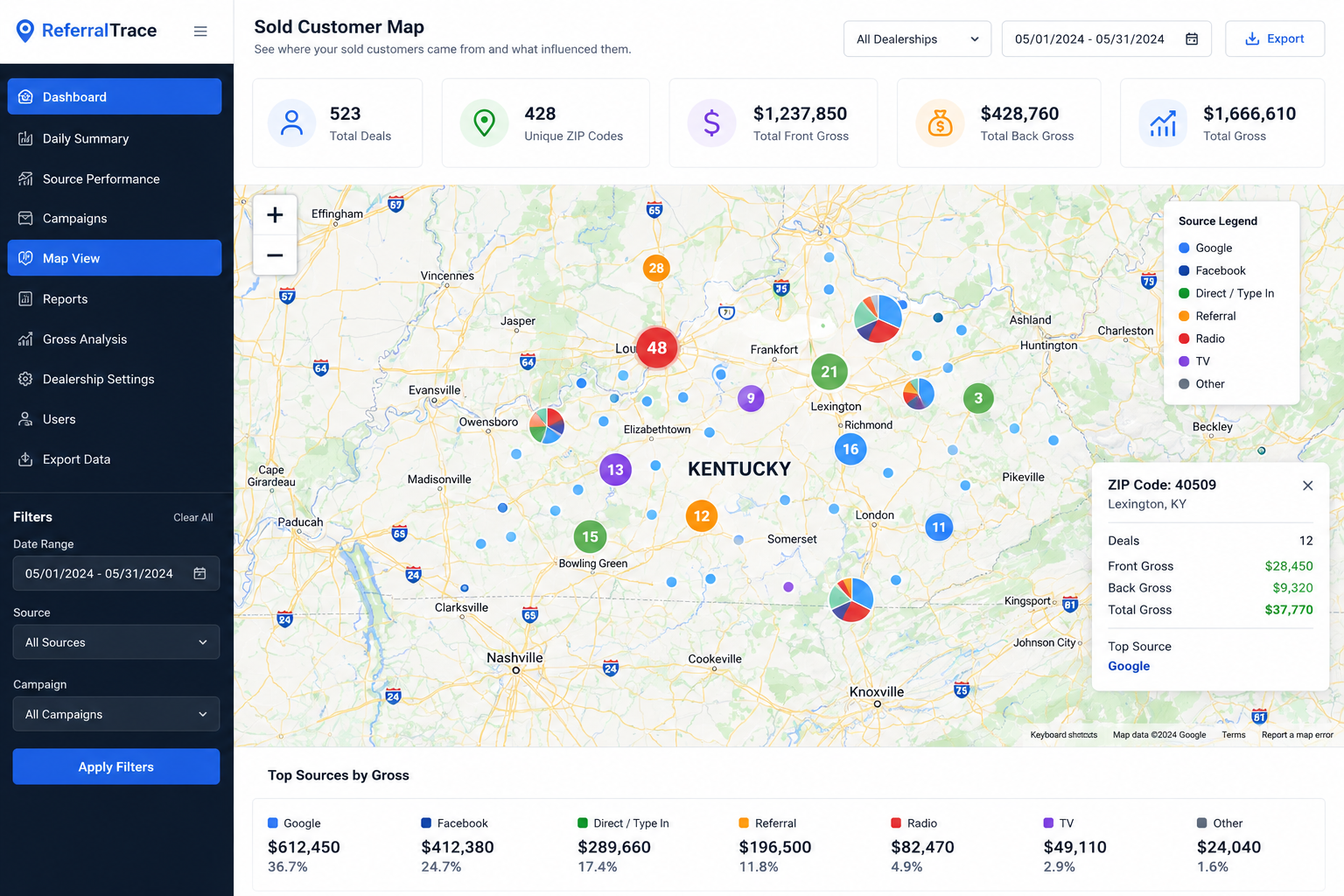 ReferralTrace dealership sold customer ZIP code and source map