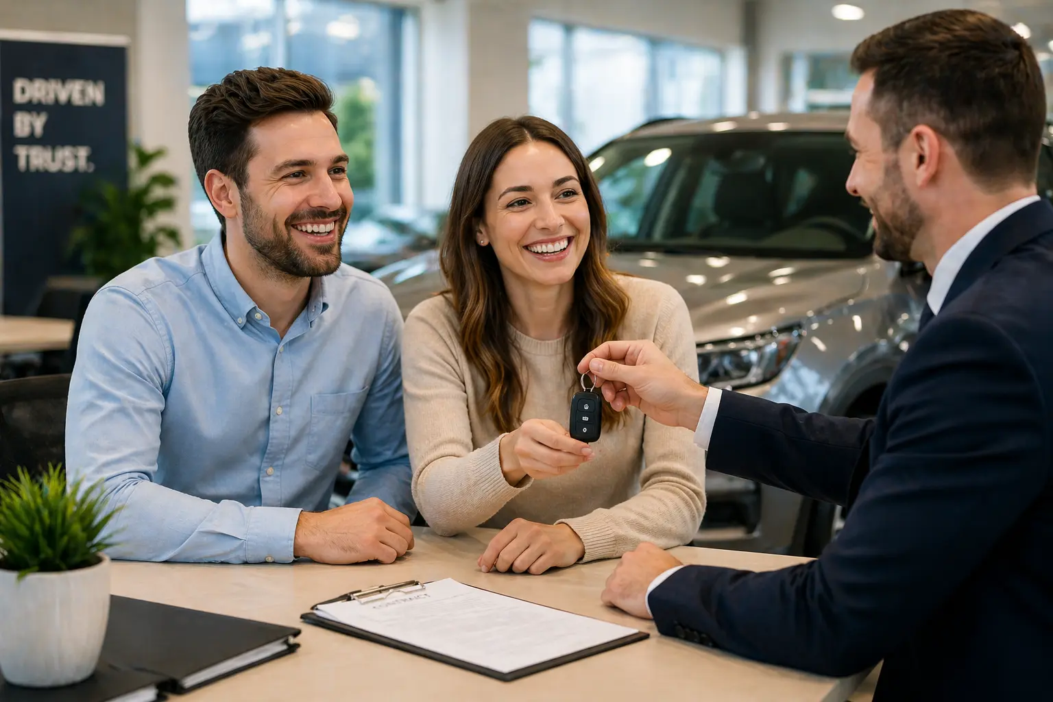 Happy dealership customers after vehicle purchase